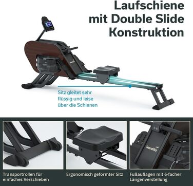 Гребний тренажер Skandika Nemo III Hybrid з водним та магнітним опором | 32 рівня електроніки, 15 програм, до 200 см, сумісний з додатком, дерев'яний | Фітнес-обладнання для дому