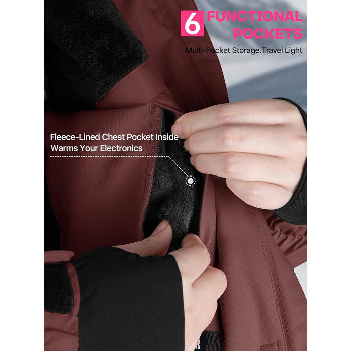Жіноча водонепроникна куртка для сноубордингу та лижного спорту FREE SOLDIER з флісовою підкладкою, тепла зимова куртка з капюшоном, повністю проклеєні шви (XXL, Бордовий)