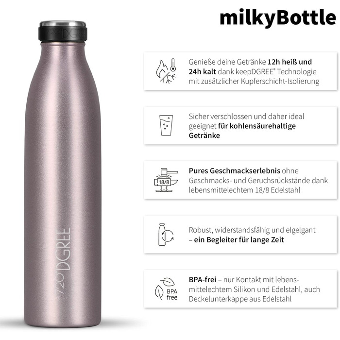 Термос-бутилка з нержавіючої сталі 720°DGREE milkyBottle 750 мл, BPA-free, герметична, для газованої води, спорту, школи, фітнесу, кемпінгу, кольору тауп/молочний