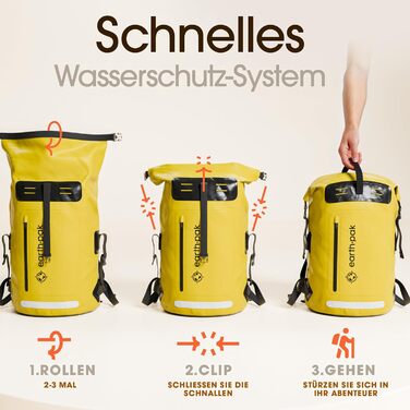 Водонепроникний рюкзак Earth Pak 55L з ролтопом, кишенею на блискавці та IPX8 водонепроникним чохлом для телефону (Жовтий)