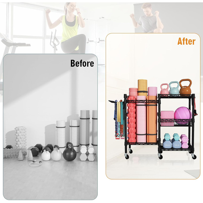 Організатор для домашнього спортзалу FUTASSI: полиця для йогаматів, гантелей та роликів, чорний