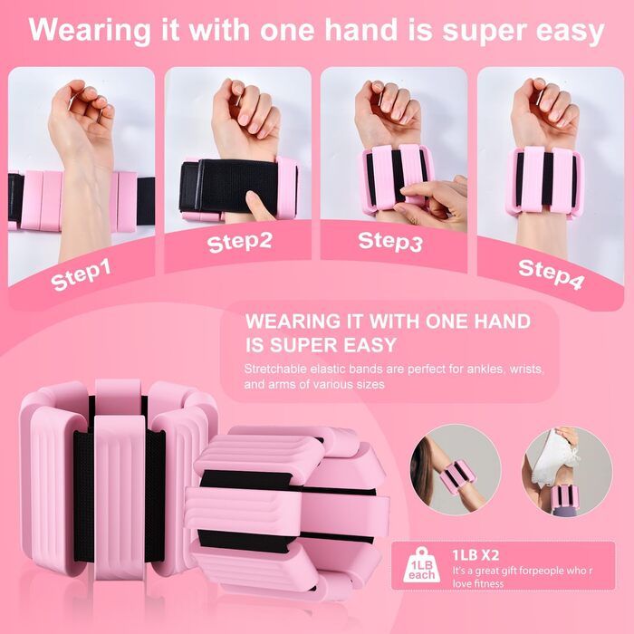 Набір вагів для зап'ястя та щиколоток (2 шт., 0.45 кг кожна) для йоги, пілатесу, фітнесу, рожевий