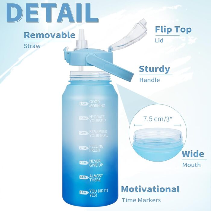 DEARRAY Спортивна пляшка для води 2 л Tritan з трубочкою, BPA-free, мотиваційна, з часовою міткою, для спорту, фітнесу, туризму, блакитна/темно-синя