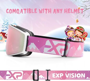 Дитячі та дорослі лижні окуляри EXP VISION з антифогом, 100% UV захист, OTG, комплект для батьків і дітей, рожеві для сноуборду та катання на лижах