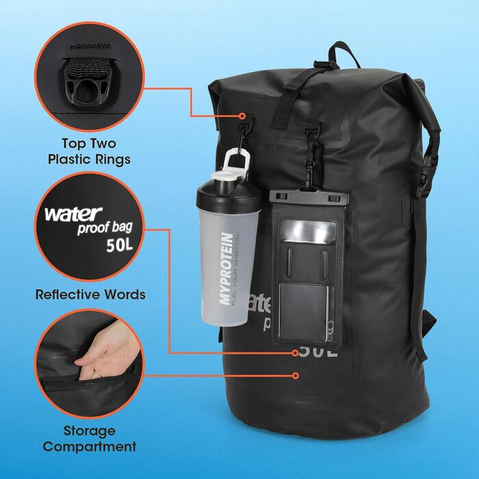 Водонепроникний рюкзак WELDUN 50L з IPX8 чохлом для телефону, Rolltop, для каякінгу, кемпінгу, трекінгу та водних видів спорту (Чорний)