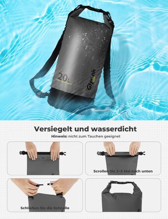 Водонепроникний мішок Glymnis 20L: міцний рюкзак для водного спорту, пляжу, подорожей та кемпінгу (чорний)