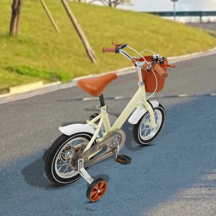 Дитячий велосипед 12 дюймів для дітей 2-4 років з кошиком та додатковими колесами, регульоване сидіння та кермо, подвійний режим гальма (жовтий)