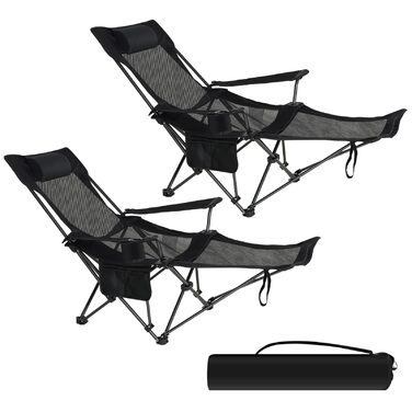 Крісло для кемпінгу eSituro, складне, для риболовлі, з підставкою для ніг та тримачем для напоїв, пляжне, зі спинкою, регульованою, чорне (2 шт.)