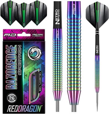Дротики для дартсу Red Dragon Razor Edge Spectron 26 г, вольфрамові, професійні, сталевий наконечник, з крилами та стрижнями