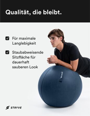 STRYVE Фітбол для офісу 65-70 см - ергономічний фітнес-м'яч знімний чохол, захист від скочування, повітряний насос, до 150 кг, синій штучна шкіра