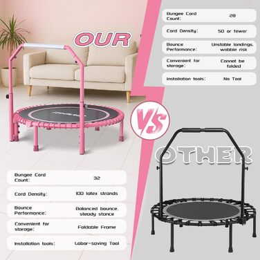 Міні-батут для фітнесу JOY SPOT! Ø102 см, складний, з пружинами та регульованою ручкою, вантажопідйомність 204 кг, для дому та вулиці, з скакалкою