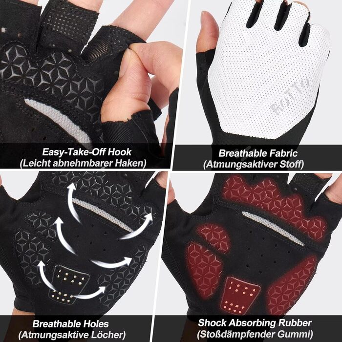 ROTTO Велосипедні рукавички напівпальці, з підкладкою, для шосе, гірського велосипеда, їзди, унісекс (білий, L)