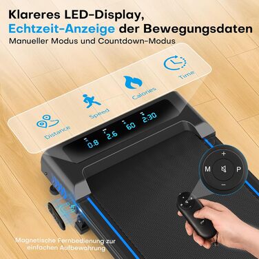 Walking Pad Laufband для дому 4-в-1: біговий стіл з підйомністю 9%, безщітковий двигун 2.5HP, LED-дисплей, пульт дистанційного керування, 12 HIIT-програм, до 150 кг, без встановлення, чорно-синій, з режимом повноекранного відображення