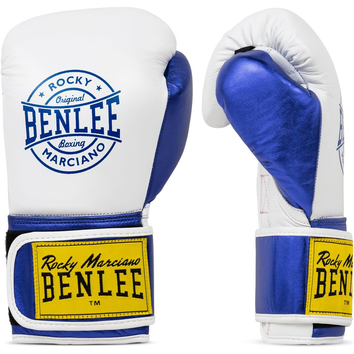 Боксерські рукавички BENLEE METALSHIRE 10 oz зі шкіри, білі/сині