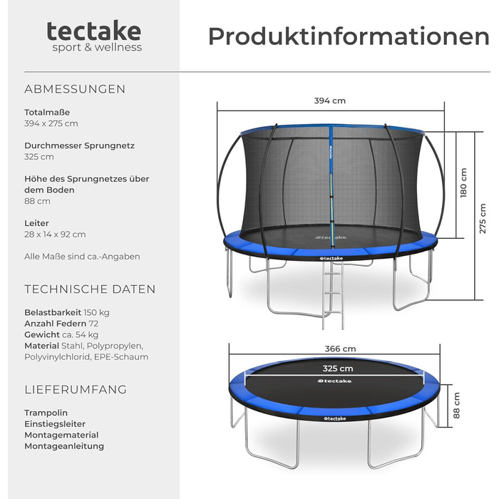 Трамплін Tectake® для саду Ø 305 см з захисним сіткою: ігри та спорт для дітей