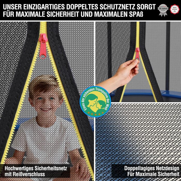 Батут Ultrasport SICHERSTE для дітей на вулицю, діаметр 180-430 см, до 150 кг, безпечне мережеве комплектування, тиха пружина, блакитний, для саду