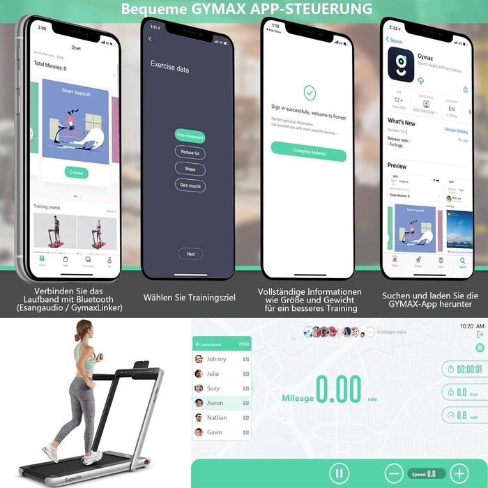 Бігова доріжка COSTWAY 2 в 1, складана, 2,25 к.с., під стіл, з APP, Bluetooth, пультом, 1-12 км/год, для дому, срібляста
