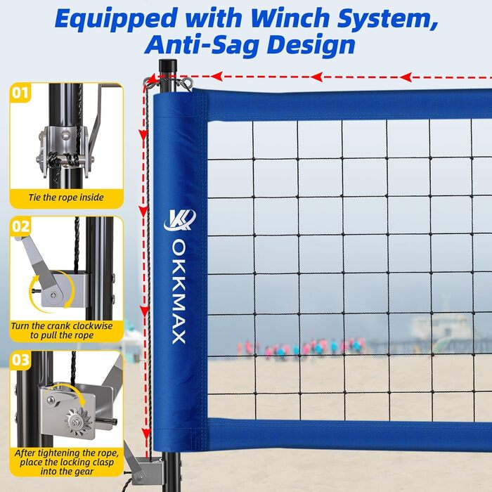 Набір для волейболу на відкритому повітрі: сітка, регульовані стійки, анти-саг дизайн. У комплекті: фіксуюча пластина для пляжу, табло, лінія ворот та сумка для перенесення.