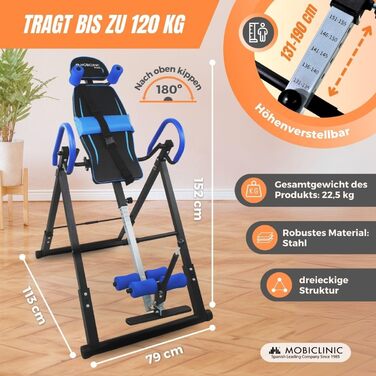 Інверсійний стіл Mobiclinic Fitness, складаний, сталевий, з регулюванням нахилу до 180°, до 120 кг, з подушкою для попереку та підголівником, 4 системи безпеки, для розтяжки та вправ на прес