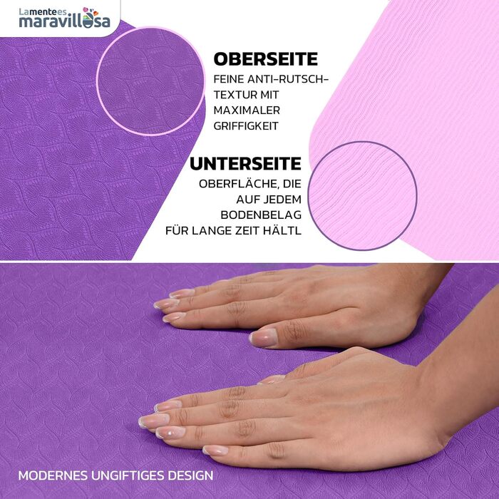 Килимок для гімнастики та йоги LA MENTE ES MARAVILLOSA: протиковзкий, TPE, 183x61 см, з сумкою та інструкцією, для фітнесу, пілатесу, indoor/outdoor, фіолетовий/рожевий
