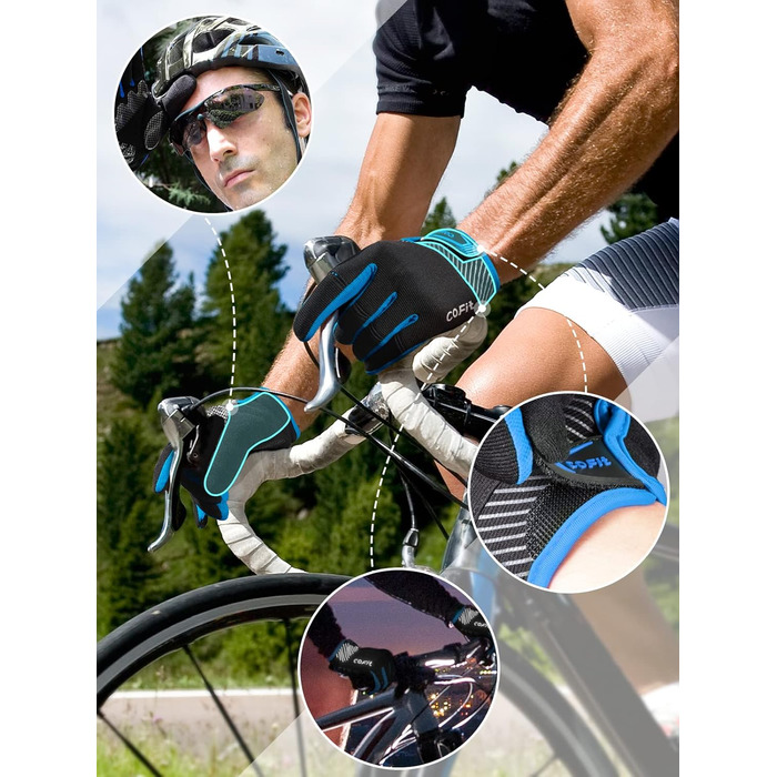 Велосипедні рукавички COFIT з повним пальцем з підтримкою сенсорного екрану для чоловіків та жінок – дихаючі, амортизуючі рукавички для велосипеда з гелевою підкладкою та неслизьким зчепленням для MTB та шосе 7. Повністю пальцеві, світло-блакитні, розмір 