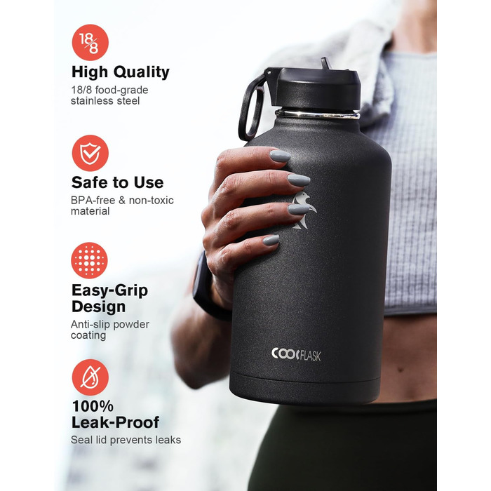 Ізольована пляшка для води Coolflask 2L з трубочкою та 3 кришками, з нержавіючої сталі, для спорту та офісу, подвійне вакуумне покриття, чорна, 2000 мл