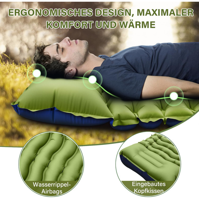 Килимок для кемпінгу Yuzonc Isomatte самонадувний, надувний матрац з насосом-пресом та подушкою, компактний та легкий для відпочинку на природі, зелено-блакитний