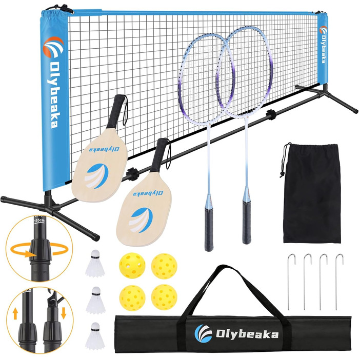 Набір для бадмінтону та піклболу портативний 10 футів з регульованою висотою, 2 ракетки для бадмінтону та 2 піклболу