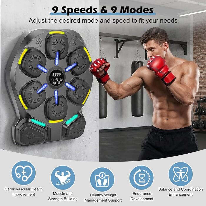 Боксерський тренажер з LED підсвіткою та Bluetooth Music Boxing Machine: 9 режимів, 9 швидкостей, дисплей калорій та швидкості, регульована висота для дітей та дорослих + 2 пари рукавичок