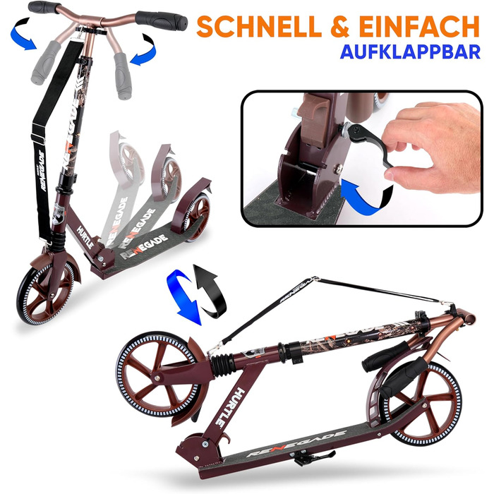 Міський ролер Hurtle Roller Kinder 10 років – складаний та регульований за висотою (84–98 см), самокат для дітей та дорослих з підставкою, з ремінком, до 100 кг (Royalbaum)