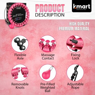 Смарт обруч K-MART для фітнесу, 24 знімних сегменти, 360° масаж, обтяжений, для схуднення, автоматичний обертальний м'яч, рожевий
