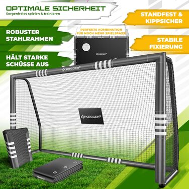 Ворота для футболу KESSER® для саду: міцні, для тренувань, з UV-стійким сітком, сталевий каркас з м'якою обшивкою, земляні кілки, насос, конуси, аксесуари для монтажу (300 см, з торговою панеллю, антрацит)