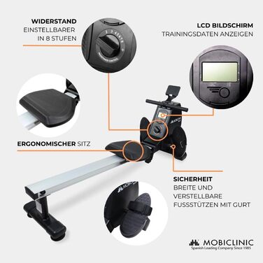Гребний тренажер Mobiclinic RowFit, магнітний, 8 рівнів, безшумний, LCD, для дому, до 120 кг