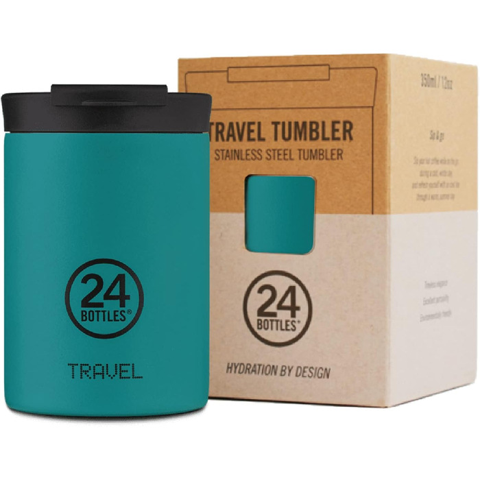 Термокружка 24BOTTLES Travel Tumbler 350 мл, термос для кави та чаю, нержавіюча сталь, герметична кришка, зберігає тепло 6 годин/холод 24 години, екологічна пляшка Atlantic Bay