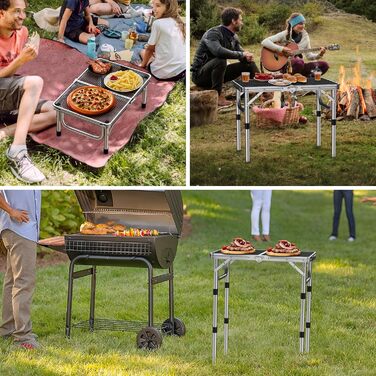 Стіл для кемпінгу Anbte Grilltisch 58x40 см, металевий, з регульованою висотою (26/48/70 см), алюмінієвий каркас, портативний, для пікніка, BBQ, саду, балкону (срібний)