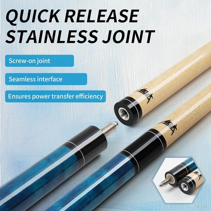 AKLOT Більярдний кий 58' (18oz-21oz) - канадський клен, шкіряна насадка 13mm, 3D ручка, прецизійне з'єднання, для гравців (блакитний, 600g)