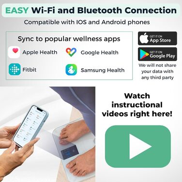 Розумні ваги Body Smart: Bluetooth/Wi-Fi, вага, жир, BMI, м'язи, вага немовляти, TFT-LCD, до 180 кг, чорні