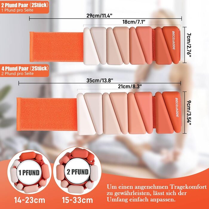 Набір манжетів для ніг BECOJADDE (0.45kg/0.9kg) для жінок та чоловіків. Регульовані ваги для ніг та рук. Ідеально для дому, пілатесу, йоги, ходьби, бігу та тренувань. (Оранжевий, по 0.9kg, пара 1.8kg)