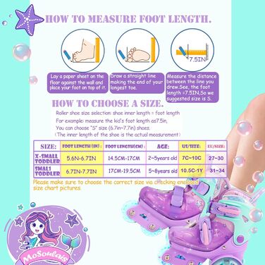 Дитячі ролики Kinder Rollschuhe для дівчаток та хлопчиків, Єдиноріг, Русалка, світлові колеса, 4 розміри, регульовані, для початківців, подарунок на Новий рік та день народження (XS(27~30), Русалка фіолетовий)