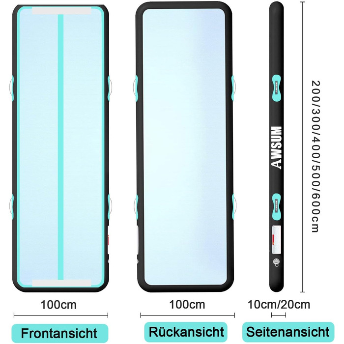 AWSUM Надувний гімнастичний мат, 2/3/4/5/6м, 10/20см, для йоги, фітнесу, дому, на вулицю, з насосом, Mint Green/Black