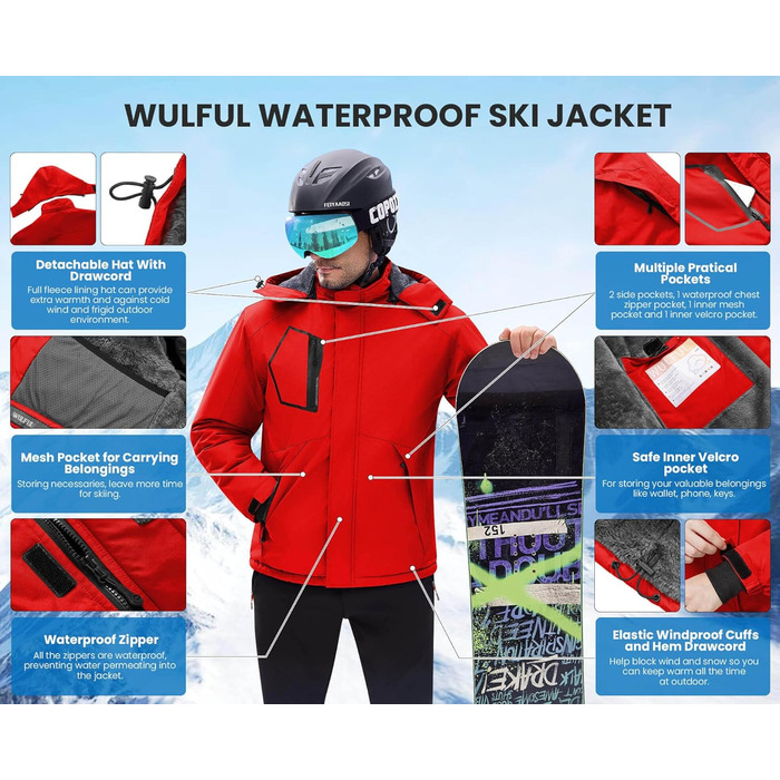 Чоловіча водонепроникна лижна куртка WUFU, тепла зимова модель, захист від вітру та снігу, червона (Getaway Solids)