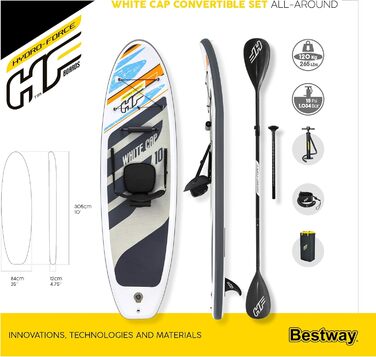 Надувна SUP-дошка Bestway Hydro-Force White Cap з сидінням, 305x84x12 см, комплект для веслування