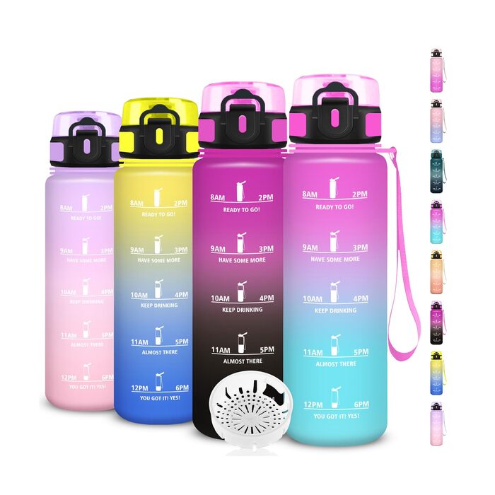 Спортивна пляшка для води 1 л з мітками часу, витокозахисна, рожево-блакитна