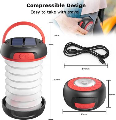 Сонячна LED кемпінгова лампа-ліхтар з живленням від сонця та USB, 3 режими світла, Power Bank, браслет для виживання (червона)