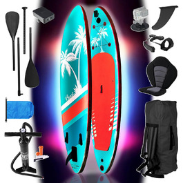 SUP Board BRAST з LED-підсвіткою | Надувний комплект для станд-ап паддлінгу | 320x81x15 см | 4 дизайни | LED-підсвічування (10 кольорів) | 5 років гарантії | 2-в-1: весло + сидіння для каяка | Тримач для Action-Cam, петля для ніг | Гавайський стиль