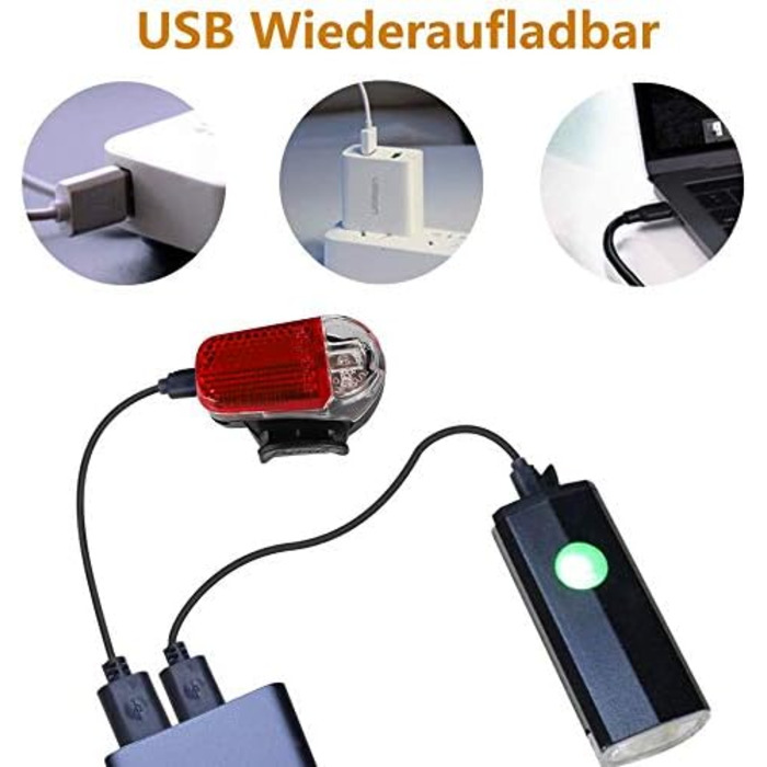 Набір переднього та заднього велоліхтаря, USB-зарядка, сертифікат StVZO, 2 режими освітлення, водонепроникність IPX4, для дітей та дорослих, чорний