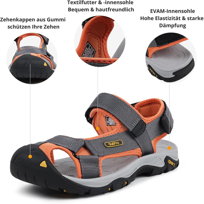 Чоловічі сандалі для пляжу, гір та трекінгу з текстильними ремінцями, водонепроникні, темно-сірі з помаранчевим, 47 EU