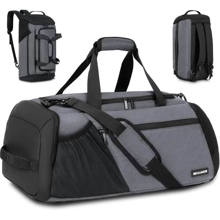 Спортивна сумка для чоловіків 40L, велика, рюкзак-сумка для подорожей, з відділенням для взуття та мокрих речей, водонепроникна, для плеча та ручки, тренувальна сумка, сумка-вікендер сірого кольору