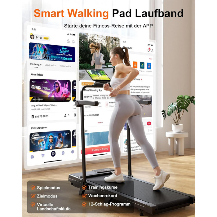 Біговий килимок Superun з нахилом 6% – бігове полотно для дому 2.5 PS з додатком та пультом дистанційного керування – біговий стіл max 136 кг з мульти-режимом та тренувальними курсами 110 см. Чорний