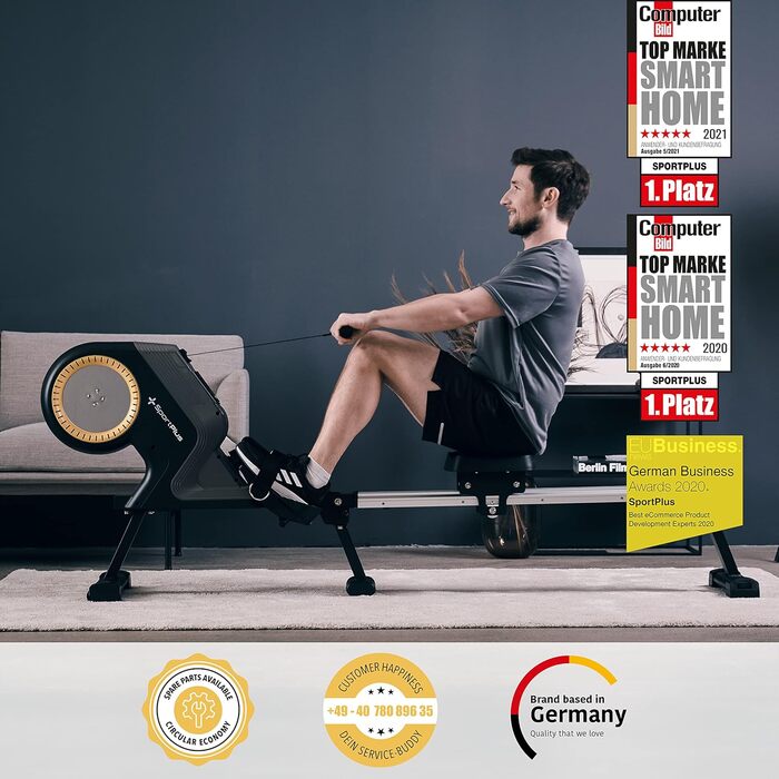 Гребний тренажер SportPlus для дому, складаний, 8 рівнів опору, магнітна система, до 150 кг, тихий, німецький дизайн